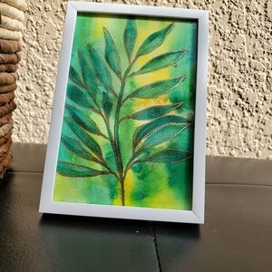 Framed Leaf Art with Green and Yellow Background